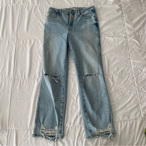 Good American High Waisted Straight Leg Distressed Jeans
